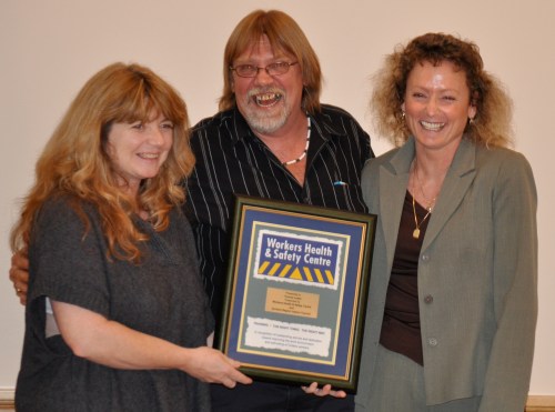 Local 331 Chief Steward receives the Workers Health and Safety Centre award on behalf of Yvonne Lewis. With her is Durham Labour Council President Jim Freeman and Kim Rushnell, Local 331 Secretary.