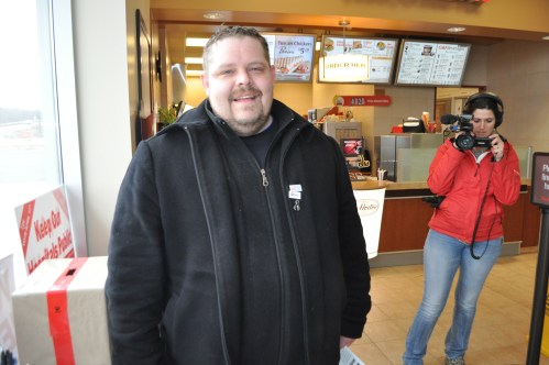 OPSEU Region 6 VP Chris Cormier hustles votes at a gas station/coffee shop on Highway 15.