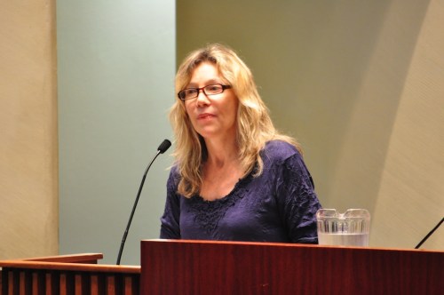 Linda McQuaig speaking at the Older Canadians Network forum Wednesday at Toronto City Hall.