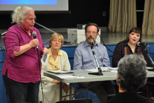 Code Blue in Ottawa: Marlene Rivier chairs a panel including (R-L) Maude Barlow (Council of Canadians), Mike McBane (Canadian Health Coalition) and Natalie Mehra (Ontario Health Coalition).