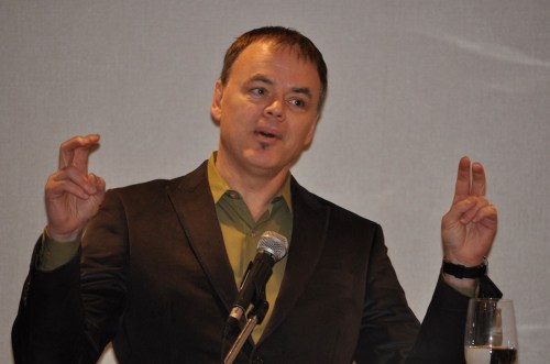 Economist "Jimbo" Stanford speaking Sunday morning at the Ontario Health Coalition conference.