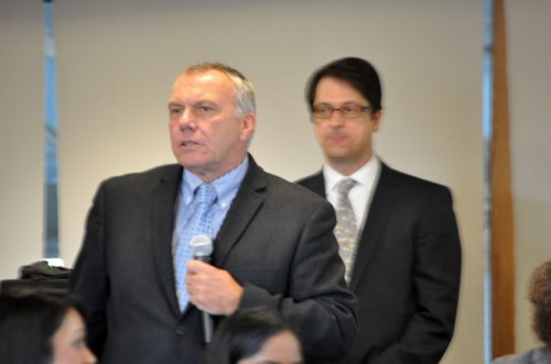 RVHS CEO Rik Ganderton with TSH CEO Robert Biron looking on during Wednesday's Central East LHIN Board meeting.