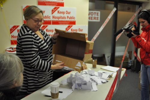 Photograph of ballot counting during the 2013 Ontario Health Coalition plebiscite on P3s in Kingston.